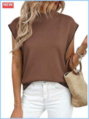 Sleeveless Turtleneck Sweater Vest Contrast Trim Cap Sleeve Knit Pullover Top